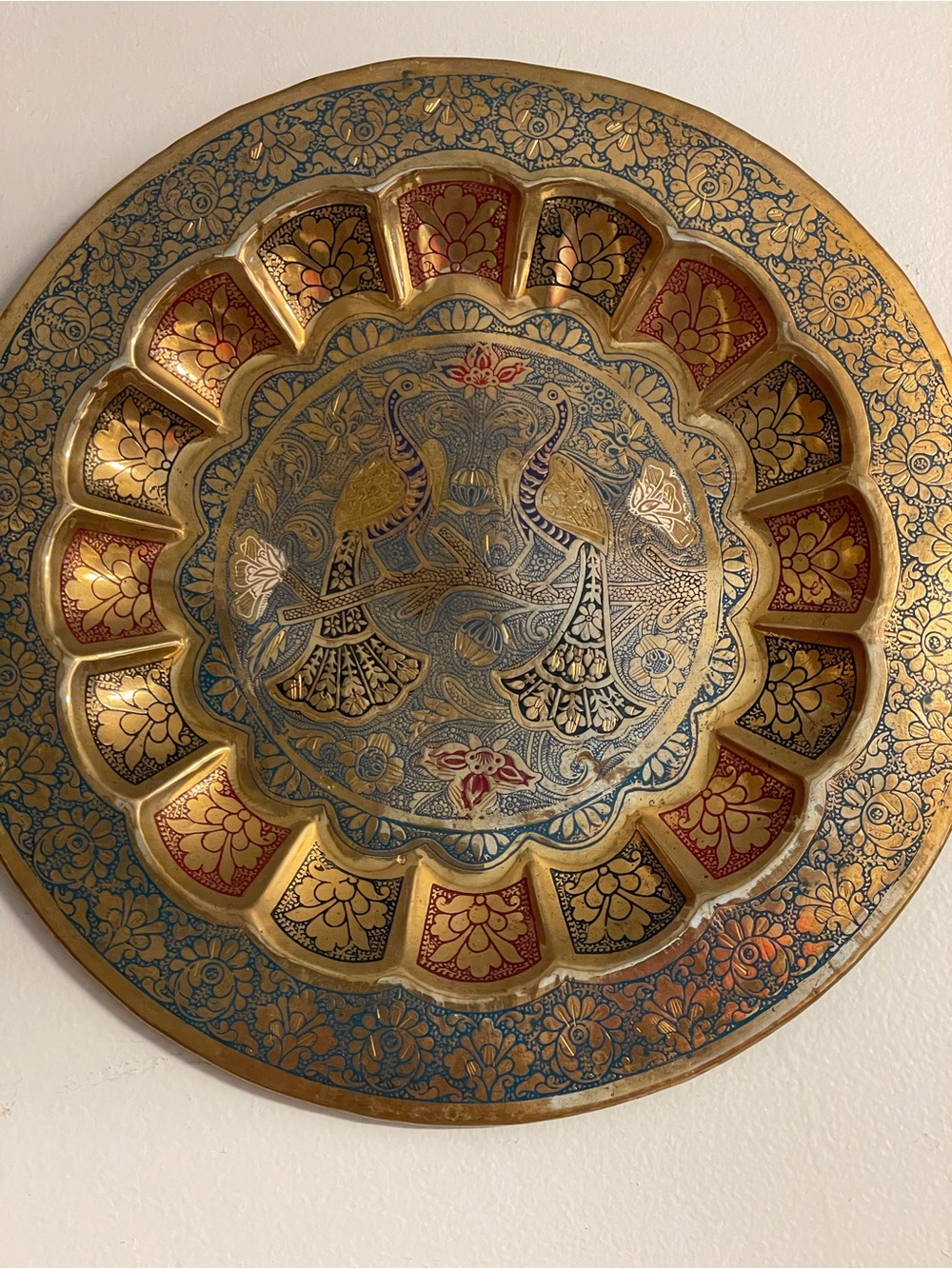 Vintage Hand-Painted Decorative Brass Wall Plate with Peacock Motif - Gold & Red